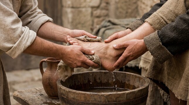 A foot washing scene set in an ancient/biblical style environment. One person kneels and washes another person's foot using a cloth, over a wooden basin filled with water. A clay pitcher sits nearby. 