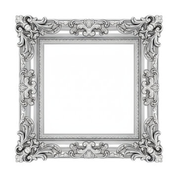 Ornate silver frame with intricate filigree and floral engravings centered on a plain white background with soft reflective metallic highlights luxury design concept