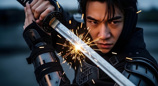 Asian Warrior with Katana Sword, Sparks, and Intense Gaze