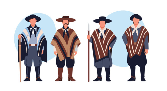 South American gaucho characters wearing traditional ponchos and wide brimmed hats while holding a spear and walking stick.