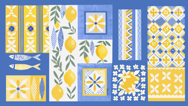 A vibrant tile pattern featuring lemons fish and floral designs