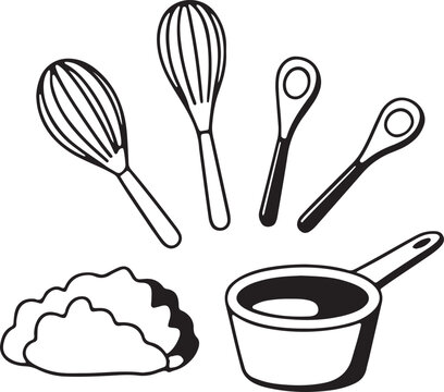 Hand drawn kitchen utensils set featuring whisks, wooden spoons, a small saucepan, and food dou