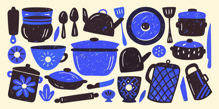 Stylized illustration of blue and black kitchenware and cooking utensils