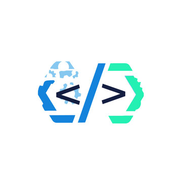 Abstract Coding Logo Concept Featuring Global Connectivity and Software Development Symbols. EPS Editable. Vector Illustrations.