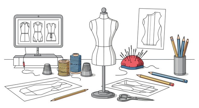 Creative fashion designer workspace featuring a mannequin, sewing threads, fabric patterns, sketches on a monitor, and work tools.