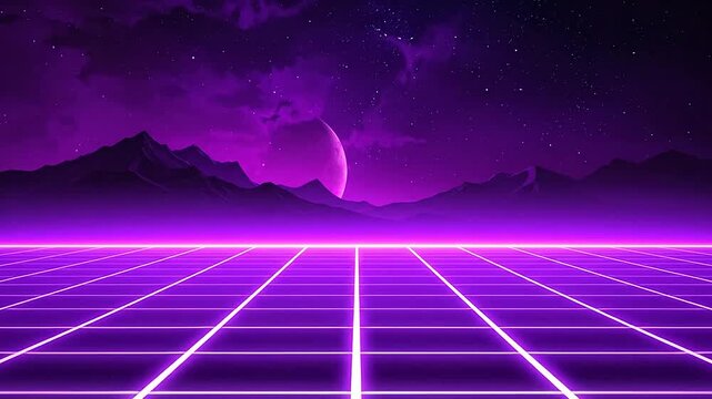 A glowing purple grid landscape under a starry night sky with distant mountains