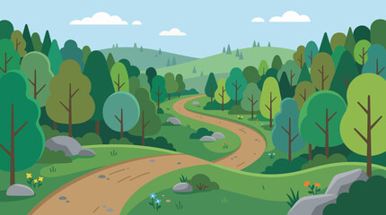 Obraz premium A winding dirt road through a lush green forest landscape illustration.