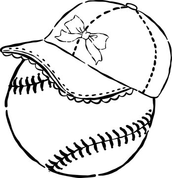 Coquette Baseball Outline with Ruffle Cap Whimsical Hand Drawn