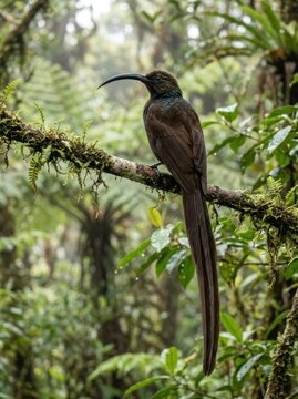 A resplendent, male, brown-throated puffleg hummingbird perches on a moss-covered branch within a lush, misty cloud forest. The bird&rsquo;s long, iridescent tail feathers extend dramatically behind it.
