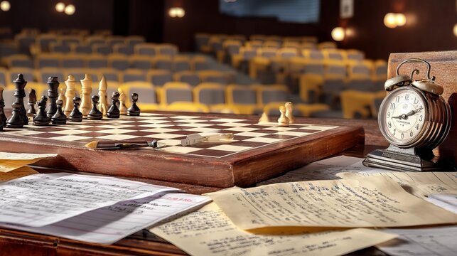 Chess Midgame Analysis with Notes and Clock on Table in a Conference Room