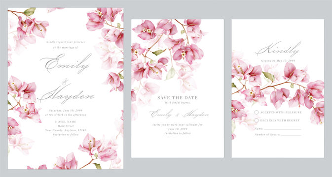 Wedding invitation suite featuring watercolor-style pink Bougainvillea flowers on a clean white background