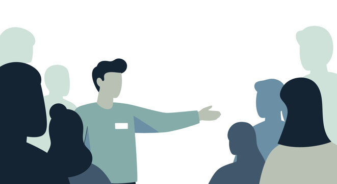 A male presenter standing in front of an audience giving a speech or presentation. EPS Editable. Vector Illustrations.