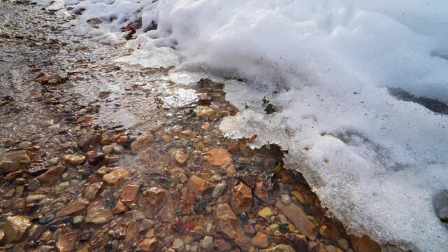 Close-up of meltwater running beside a shrinking snowbank over pebbles and stones, capturing spring thaw, icy runoff, and wet seasonal ground texture.