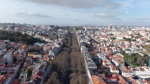 Marquis of Pombal Square located between the Avenida da Liberdade and the Edward VII Park, Central Lisbon, Aerial