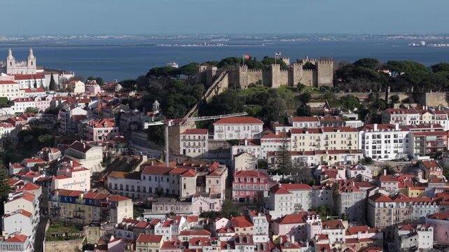 Castelo de Sao Jorge, Saint Georges Castle located in Alfama district of Lisbon, on Tagus river estuary, Aerial