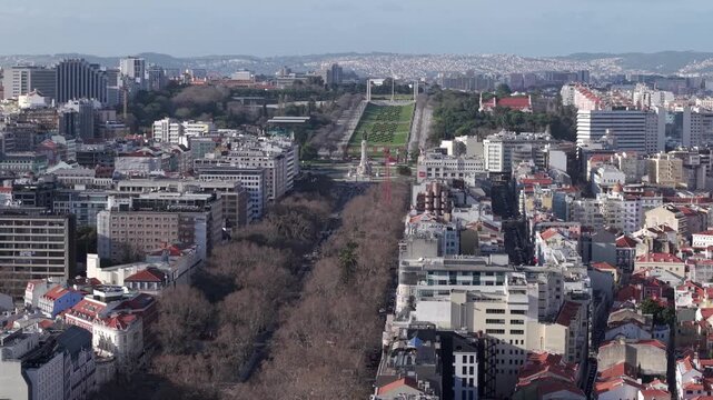 Marquis of Pombal Square located between the Avenida da Liberdade and the Edward VII Park, Central Lisbon, Aerial