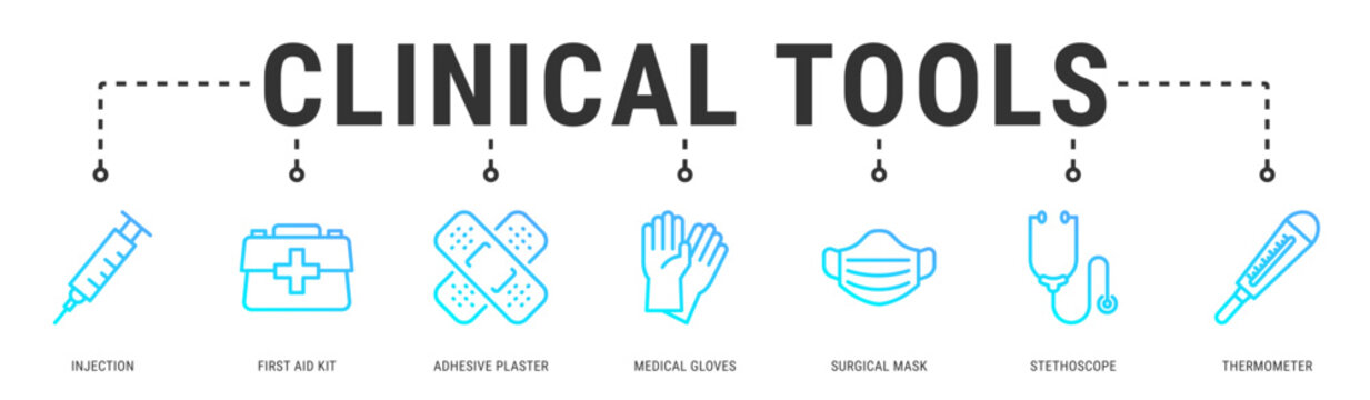 Clinical Tools web banner icon vector illustration with Injection, First Aid Kit, Adhesive Plaster, Medical Gloves, Surgical Mask, Stethoscope and Thermometer