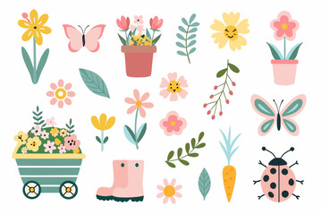 Charming spring illustration featuring flowers butterflies and garden elements © Bablu