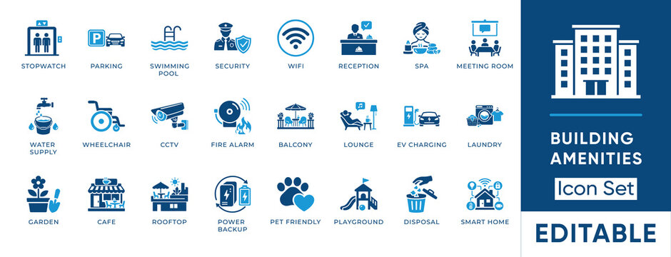Building amenities icon set. Containing elevator, parking, swimming pool, security, reception, wifi, spa, lounge and more. Solid vector icons collection.