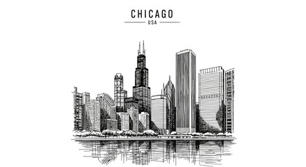 Black and white ink sketch of the Chicago skyline reflected in water © Julian Vance