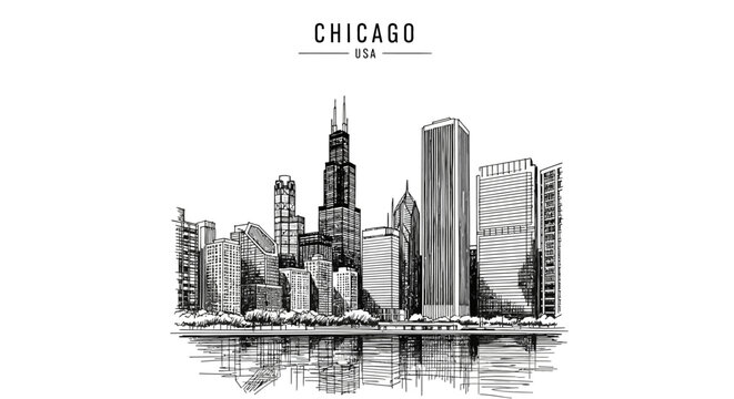 Black and white ink sketch of the Chicago skyline reflected in water