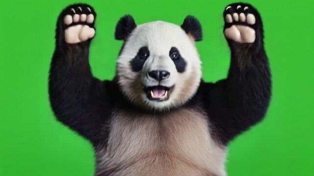 Playful giant panda cub flexing arms in vibrant green studio background