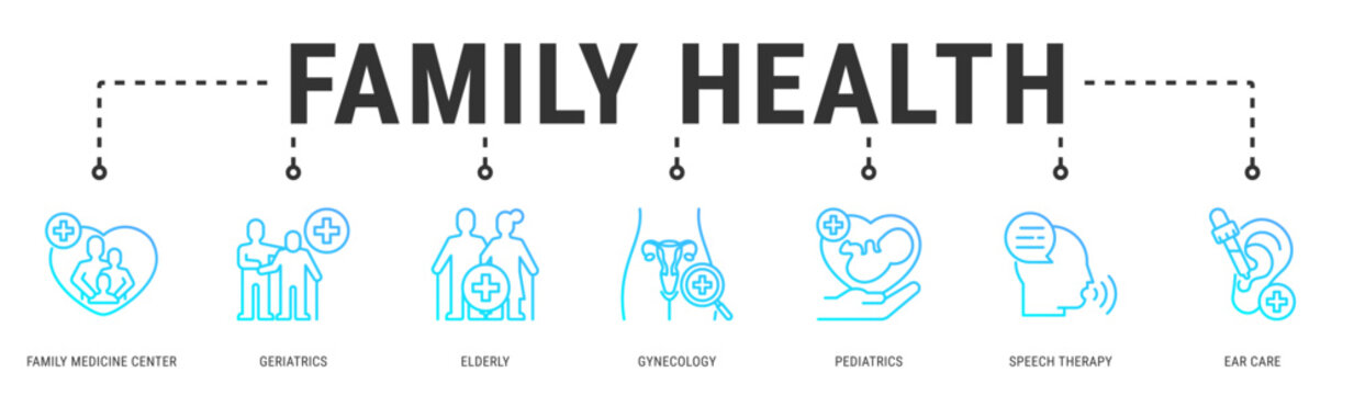 Family Health web banner icon vector illustration with Family Medicine Center, Geriatrics, Elderly, Gynecology, Pediatrics, Speech Therapy and Ear Care