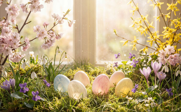 Bright luminous Easter scene. Warm sunlight, white and pastel-colored eggs gently glowing from within. Fresh blooming branches, soft green grass and delicate spring flowers near the window.