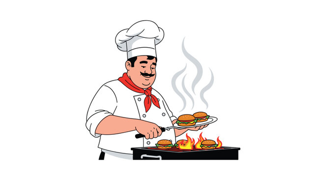 Professional chef in a white uniform and toque flipping several beef burgers on a hot flaming charcoal grill with a spatula.