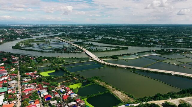 High perspective, Poblacion, Lingayen, Pangasinan, bridges crossing water farms