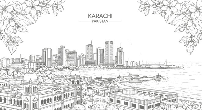 Black and white line art illustration of the Karachi skyline with historic buildings and harbor