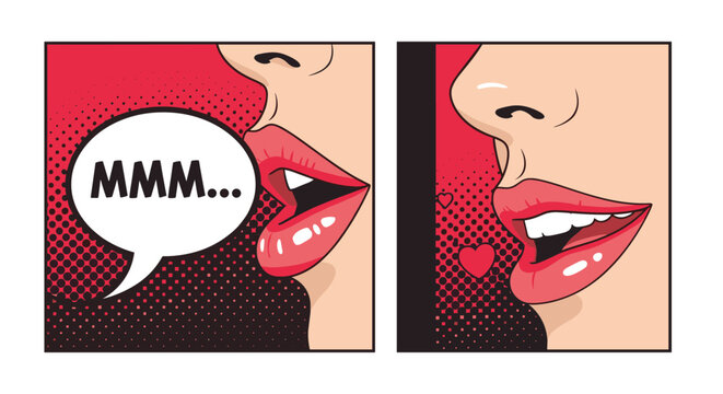Pop art style comic panel showing a woman mouth with red lips saying mmm in a speech bubble next to another panel with hearts.