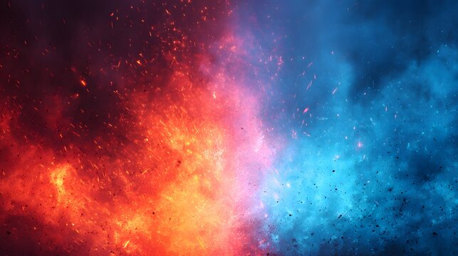 Abstract background with fiery orange sparks and cool blue smoke textures.