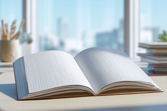 Lab Notebook Mockup with Blank Grid Page and Large Margin Copy Space