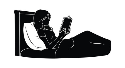 A woman relaxes in bed propped up against pillows while reading a book depicted as a striking silhouette high quality professional © AsfiqurRahman
