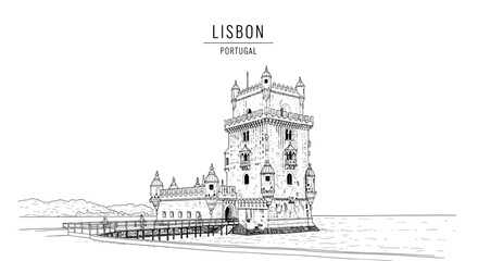 Black and white line drawing of Belém Tower in Lisbon Portugal over water © Julian Vance