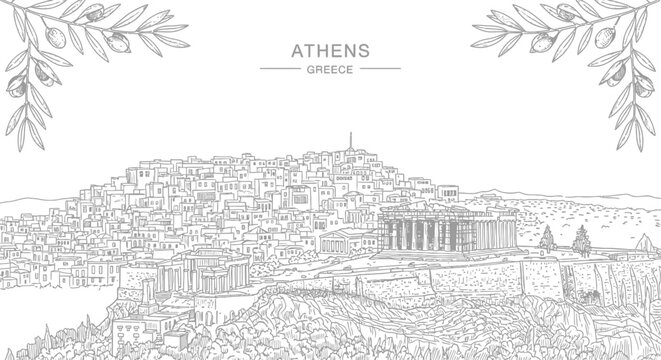 Black and white line drawing of Athens cityscape with the Acropolis and olive branches