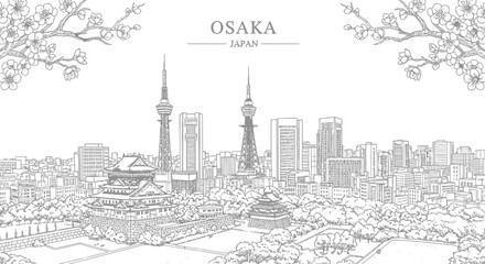 Naklejka premium Black and white line drawing of Osaka cityscape featuring Osaka Castle towers and cherry blossoms