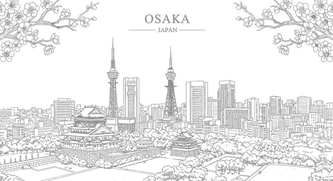 Black and white line drawing of Osaka cityscape featuring Osaka Castle towers and cherry blossoms