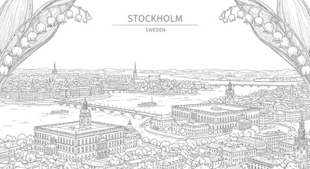 Black and white line drawing of Stockholm cityscape with lily of the valley framing © Julian Vance
