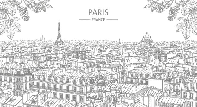 Black and white line drawing of Parisian rooftops featuring the Eiffel Tower and Sacr&eacute;C&oelig;ur Basilica