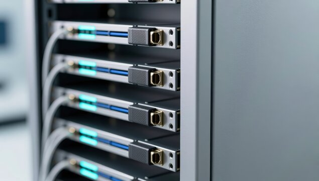 Close up of high performance server rack blades with glowing cyan status lights in modern data center representing cloud computing and network security