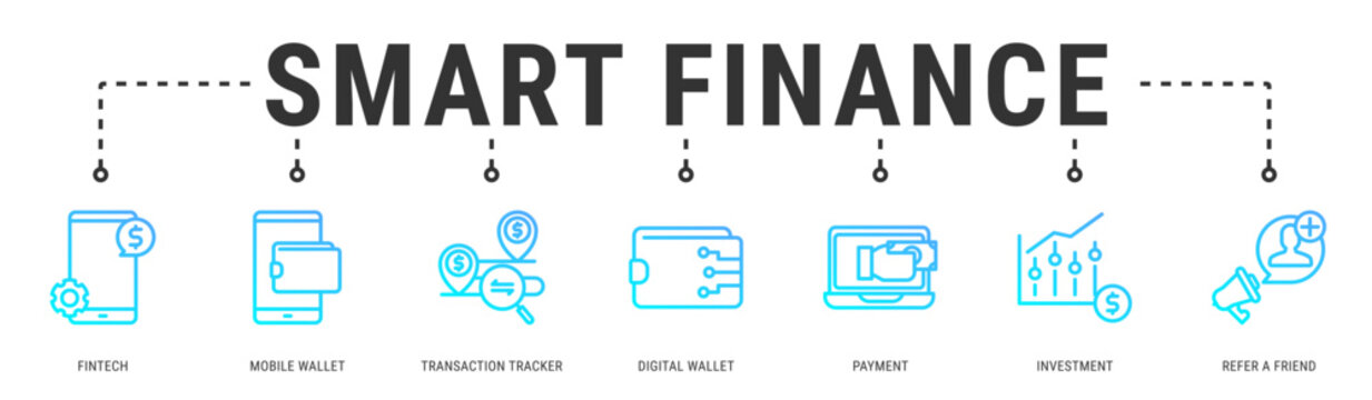 Smart Finance web banner icon vector illustration with Fintech, Mobile Wallet, Transaction Tracker, Digital Wallet, Payment, Investment and Refer A Friend