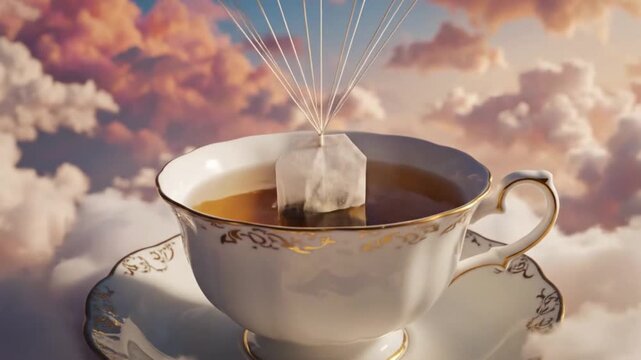 Surreal Fantasy Tea Cup with Parachuting Tea Bag in the Clouds
