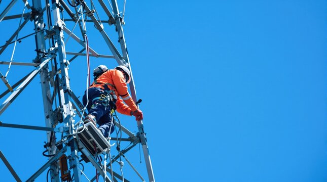 Skilled technician in bright orange safety gear rappels down a tall metallic telecommunications tower structure, performing maintenance work against a clear blue sky background, high altitud