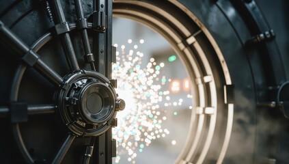 Fototapeta premium Intricate vault door mechanism with glowing abstract light patterns