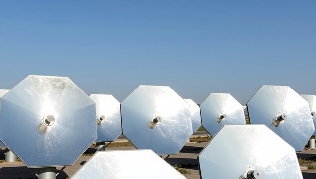 Array of parabolic solar concentrators reflecting bright sunlight in arid landscape