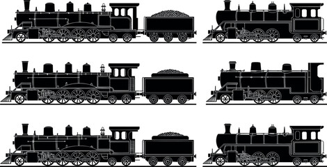 Classic Steam Locomotive and Coal Tender Collection with Detailed Railway Engine Silhouettes Vintage Transport Vector Illustration Set © Md