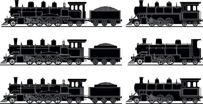 Classic Steam Locomotive and Coal Tender Collection with Detailed Railway Engine Silhouettes Vintage Transport Vector Illustration Set