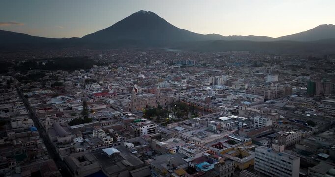 Basilica cathedral of Arequipa with aerial view over city toward Misti volcano